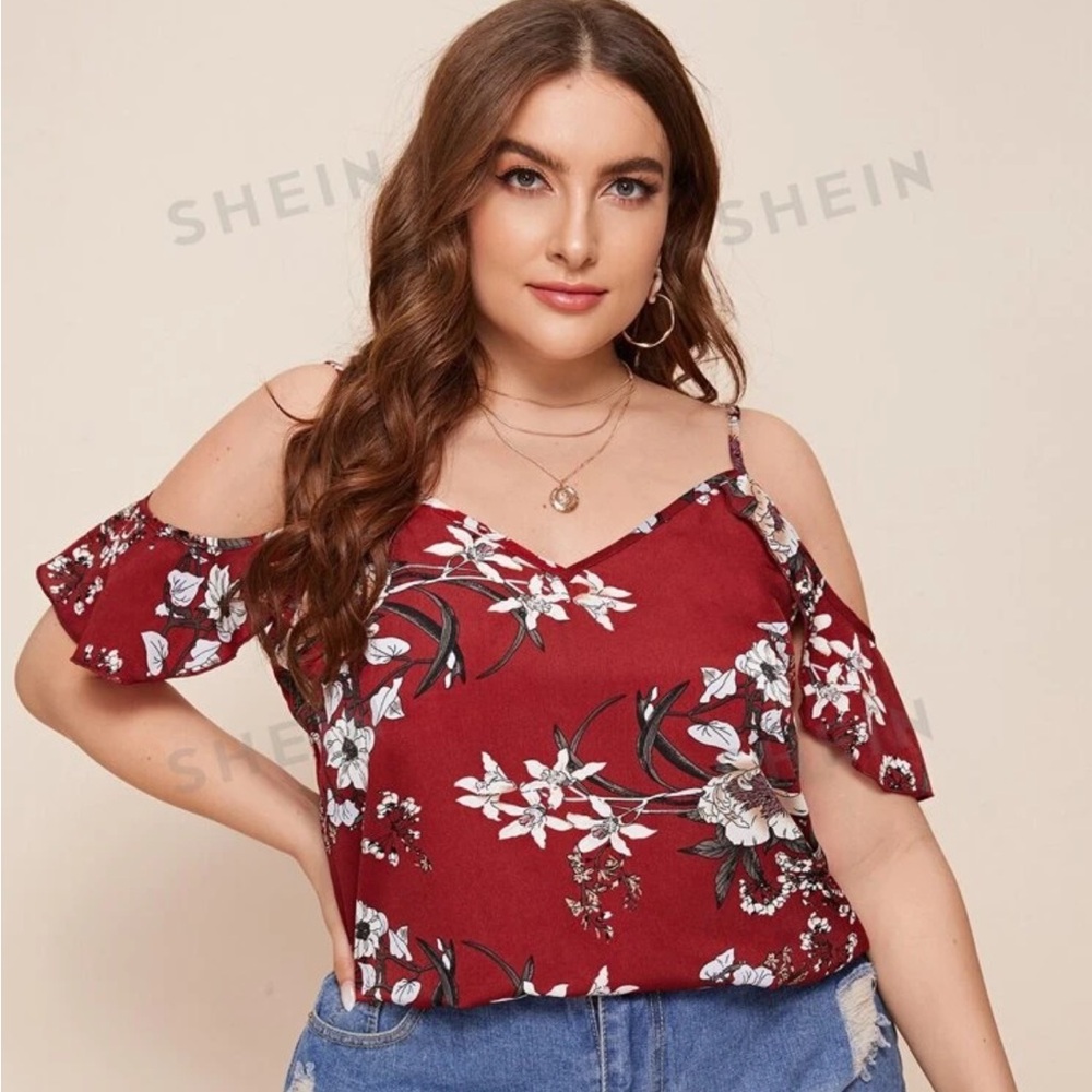 Plus Size Cold Shoulder Flower Top